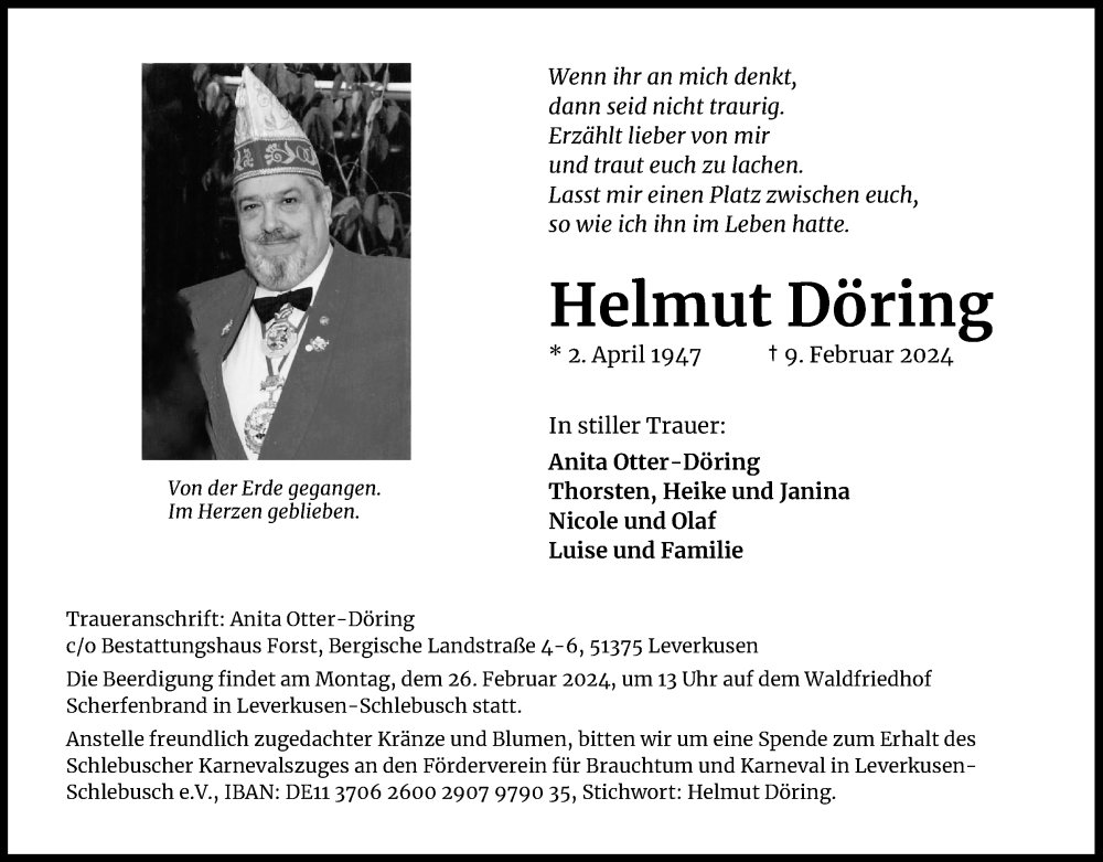  Traueranzeige für Helmut Döring vom 17.02.2024 aus Kölner Stadt-Anzeiger / Kölnische Rundschau / Express