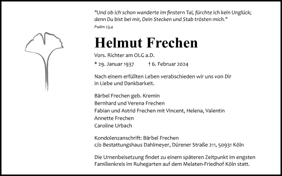 Anzeige von Helmut Frechen von Kölner Stadt-Anzeiger / Kölnische Rundschau / Express