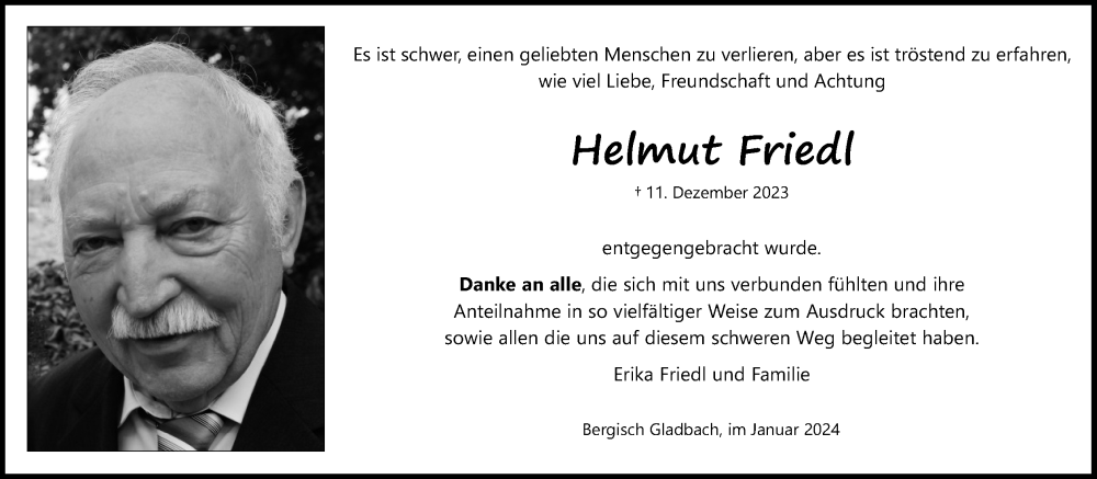  Traueranzeige für Helmut Friedl vom 03.02.2024 aus Kölner Stadt-Anzeiger / Kölnische Rundschau / Express