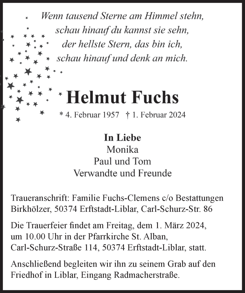  Traueranzeige für Helmut Fuchs vom 23.02.2024 aus  Werbepost 