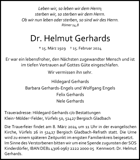 Anzeige von Helmut Gerhards von Kölner Stadt-Anzeiger / Kölnische Rundschau / Express