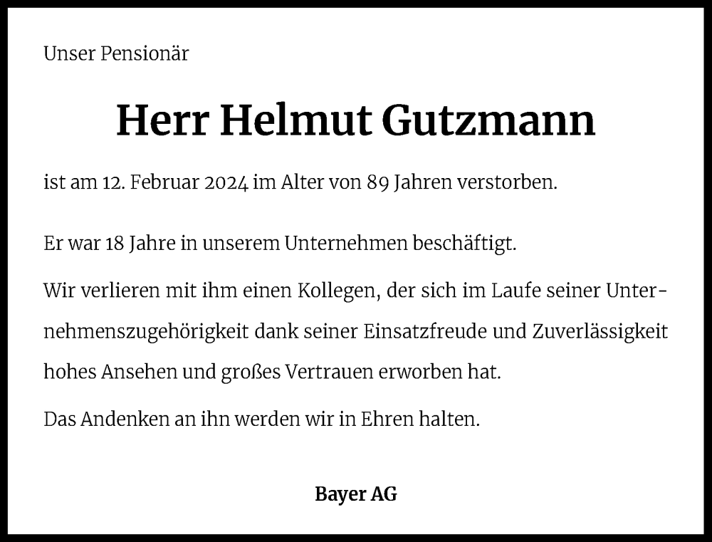  Traueranzeige für Helmut Gutzmann vom 26.02.2024 aus Kölner Stadt-Anzeiger / Kölnische Rundschau / Express