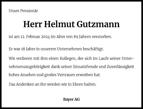 Anzeige von Helmut Gutzmann von Kölner Stadt-Anzeiger / Kölnische Rundschau / Express