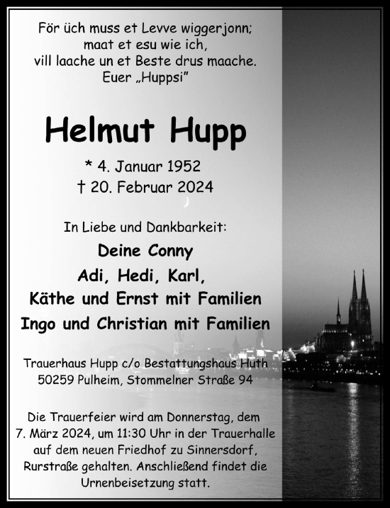 Anzeige von Helmut Hupp von  Wochenende 