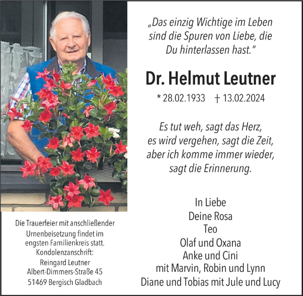  Traueranzeige für Helmut Leutner vom 23.02.2024 aus  Bergisches Handelsblatt 