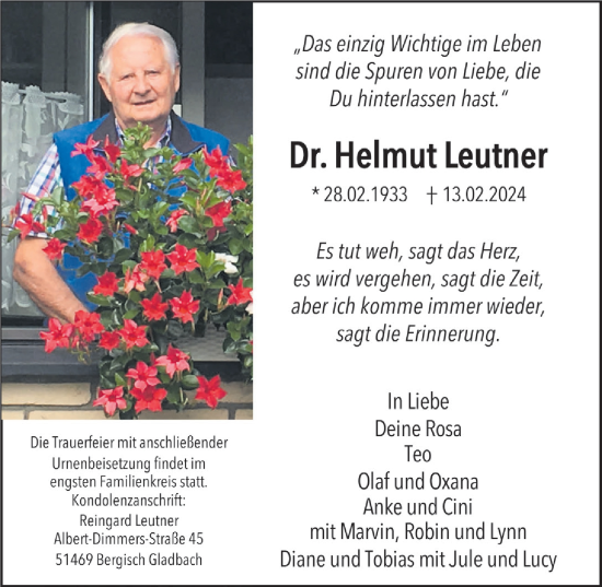 Anzeige von Helmut Leutner von  Bergisches Handelsblatt 