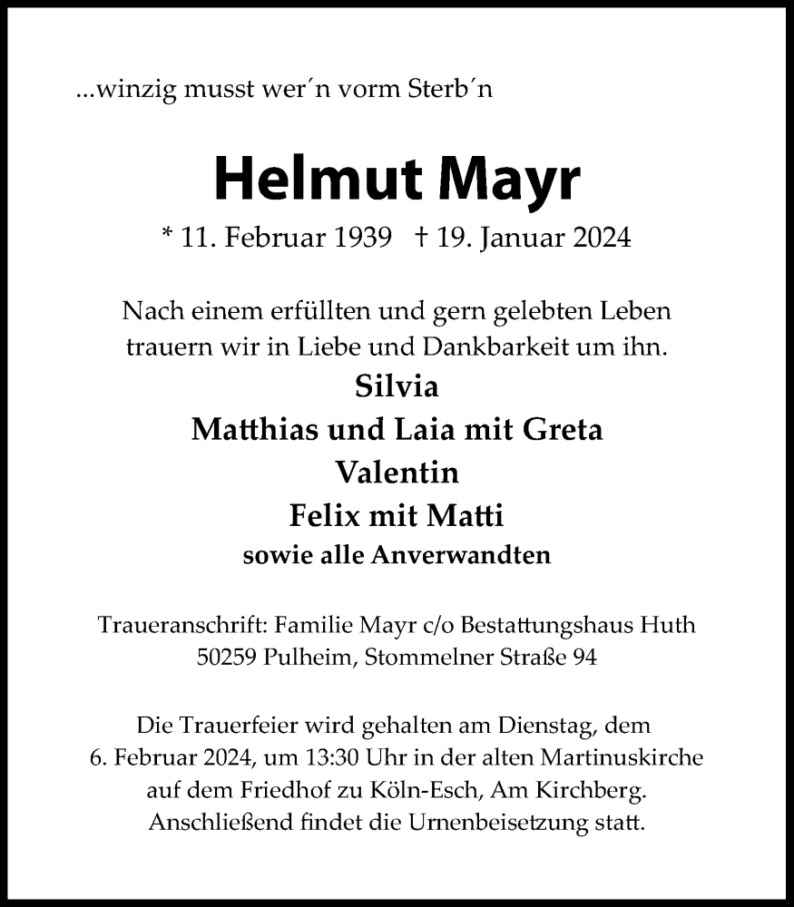  Traueranzeige für Helmut Mayr vom 03.02.2024 aus Kölner Stadt-Anzeiger / Kölnische Rundschau / Express