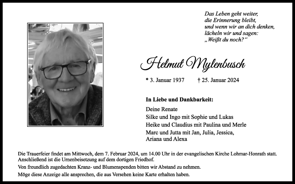  Traueranzeige für Helmut Mylenbusch vom 03.02.2024 aus Kölner Stadt-Anzeiger / Kölnische Rundschau / Express