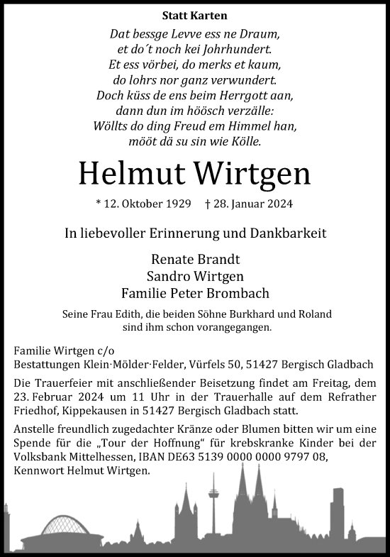 Anzeige von Helmut Wirtgen von Kölner Stadt-Anzeiger / Kölnische Rundschau / Express