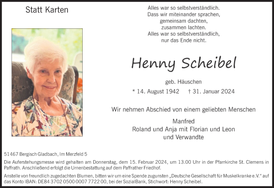 Anzeige von Henny Scheibel von Kölner Stadt-Anzeiger / Kölnische Rundschau / Express