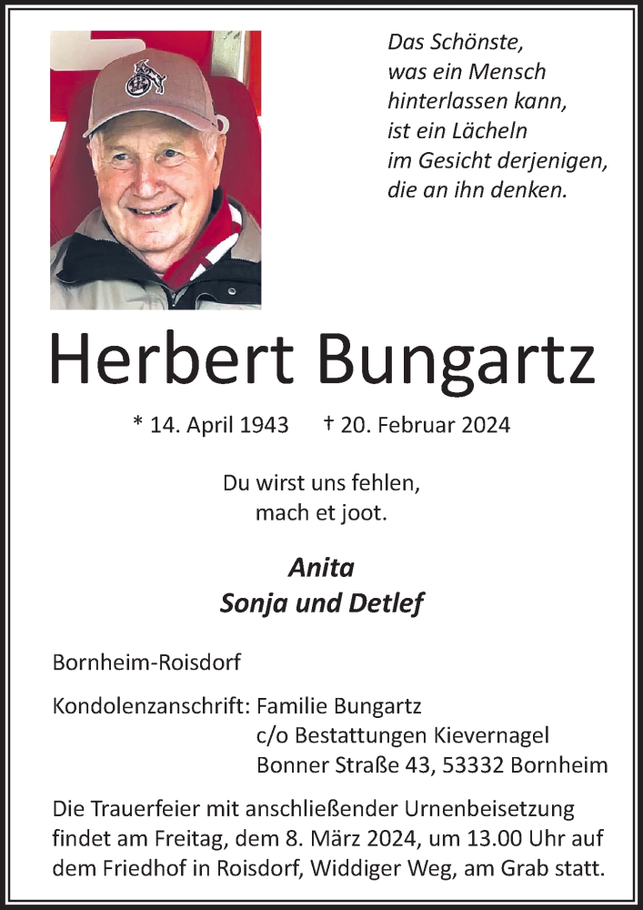  Traueranzeige für Herbert Bungartz vom 01.03.2024 aus  Schaufenster/Blickpunkt 