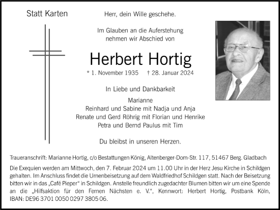 Anzeige von Herbert Hortig von  Bergisches Handelsblatt 