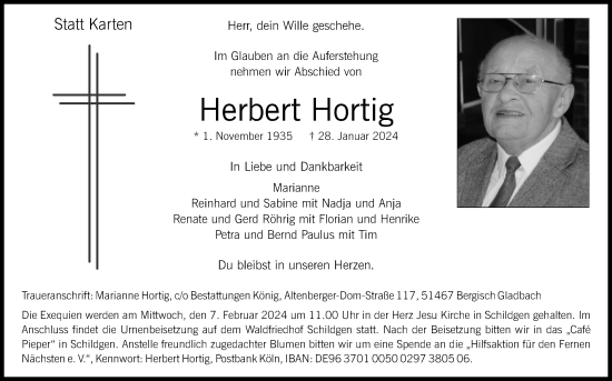 Anzeige von Herbert Hortig von Kölner Stadt-Anzeiger / Kölnische Rundschau / Express