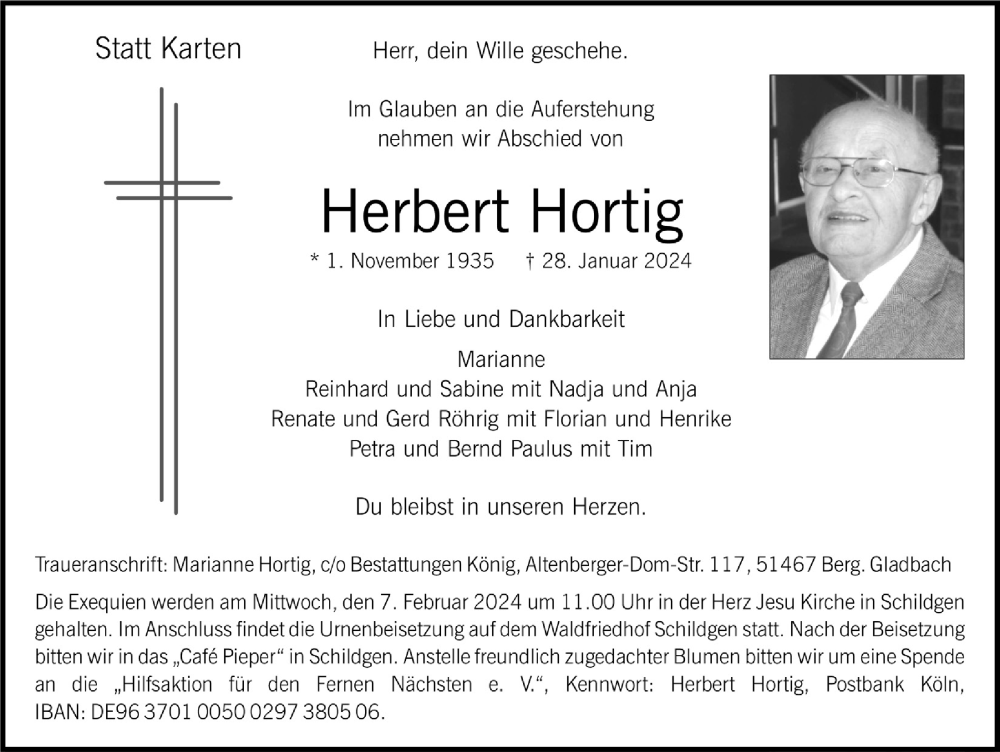  Traueranzeige für Herbert Hortig vom 02.02.2024 aus  Bergisches Handelsblatt 