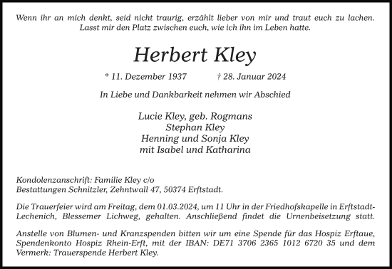 Anzeige von Herbert Kley von Kölner Stadt-Anzeiger / Kölnische Rundschau / Express