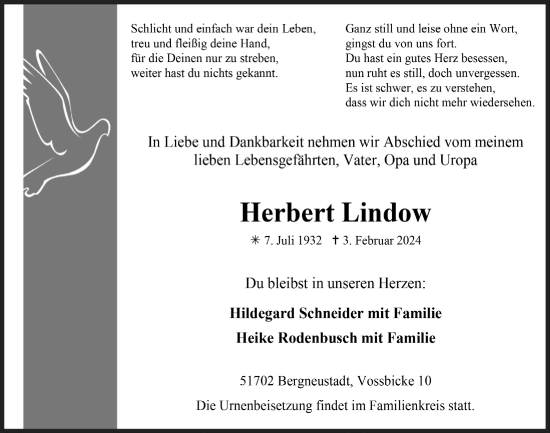 Anzeige von Herbert Lindow von  Anzeigen Echo 
