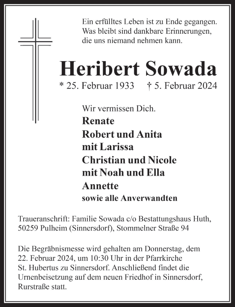  Traueranzeige für Heribert Sowada vom 16.02.2024 aus  Wochenende 
