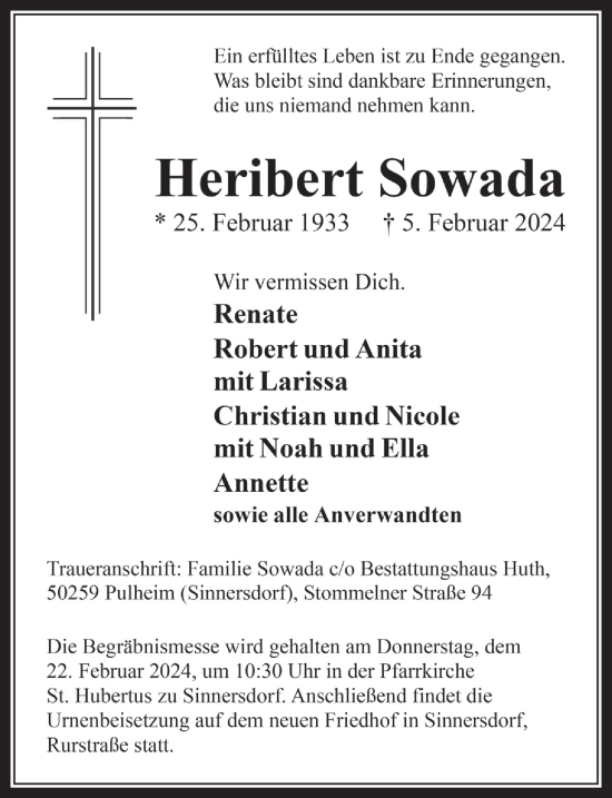 Anzeige von Heribert Sowada von  Wochenende 