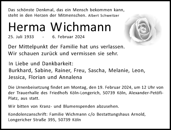 Anzeige von Herma Wichmann von Kölner Stadt-Anzeiger / Kölnische Rundschau / Express