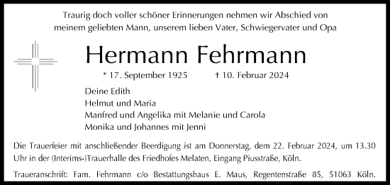 Anzeige von Hermann Fehrmann von Kölner Stadt-Anzeiger / Kölnische Rundschau / Express