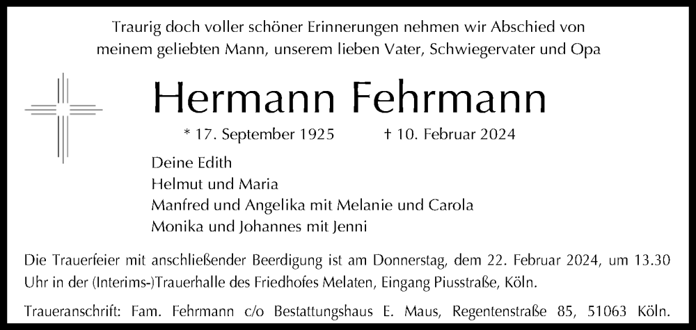  Traueranzeige für Hermann Fehrmann vom 17.02.2024 aus Kölner Stadt-Anzeiger / Kölnische Rundschau / Express