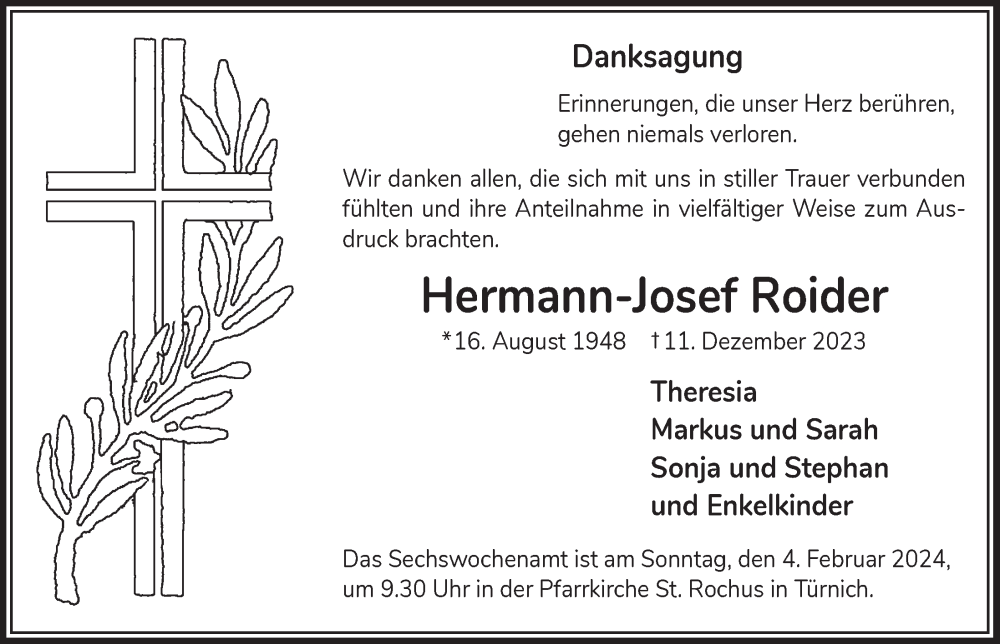  Traueranzeige für Hermann-Josef Roider vom 02.02.2024 aus  Werbepost 