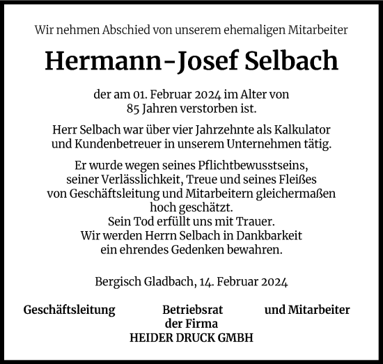 Anzeige von Hermann-Josef Selbach von Kölner Stadt-Anzeiger / Kölnische Rundschau / Express