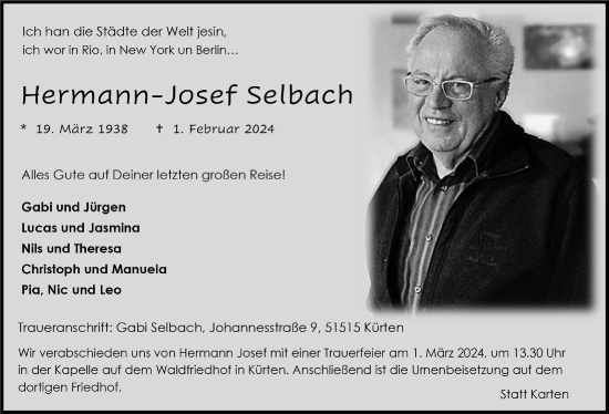 Anzeige von Hermann-Josef Selbach von  Bergisches Handelsblatt 