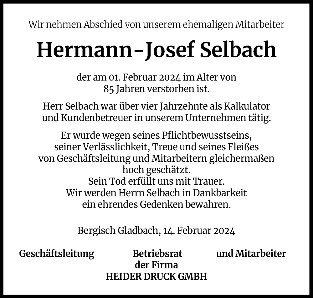  Traueranzeige für Hermann-Josef Selbach vom 17.02.2024 aus Kölner Stadt-Anzeiger / Kölnische Rundschau / Express