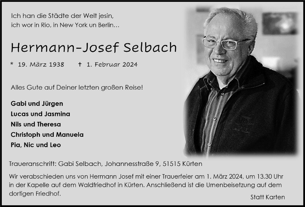  Traueranzeige für Hermann-Josef Selbach vom 16.02.2024 aus  Bergisches Handelsblatt 