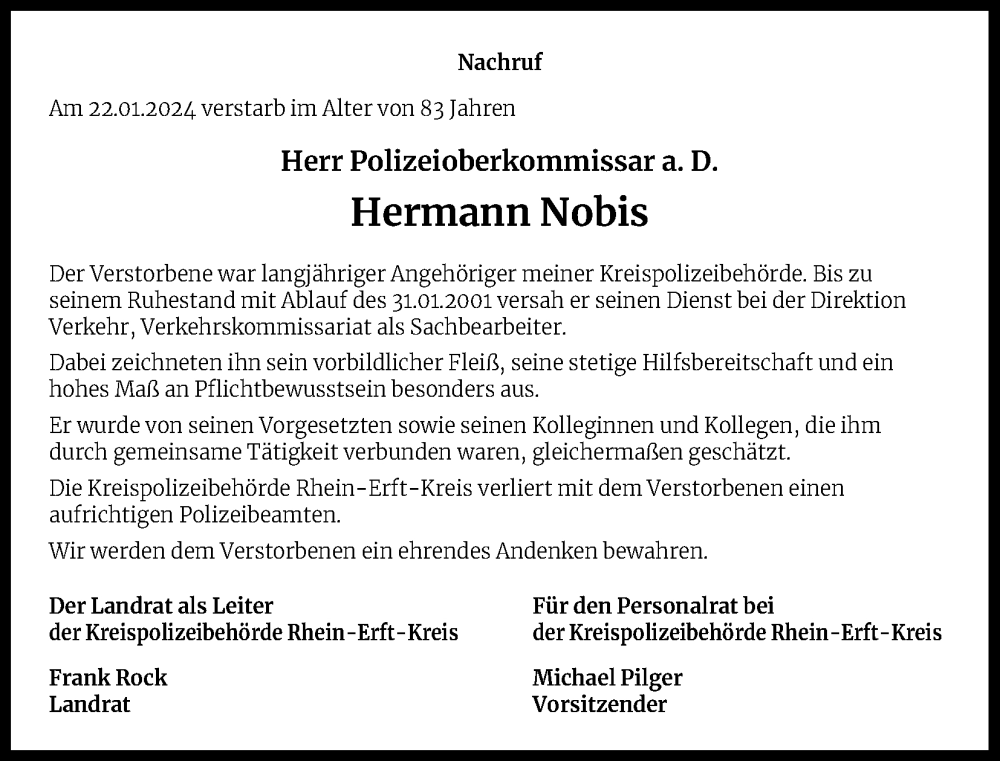  Traueranzeige für Hermann Nobis vom 14.02.2024 aus Kölner Stadt-Anzeiger / Kölnische Rundschau / Express