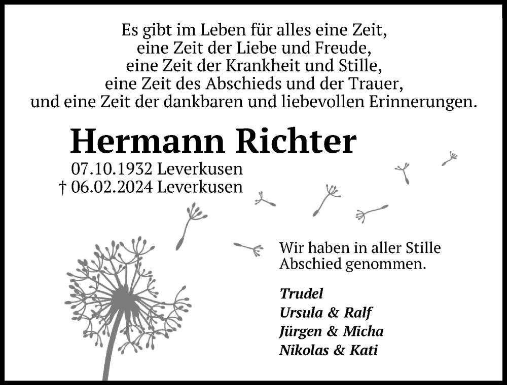  Traueranzeige für Hermann Richter vom 17.02.2024 aus Kölner Stadt-Anzeiger / Kölnische Rundschau / Express