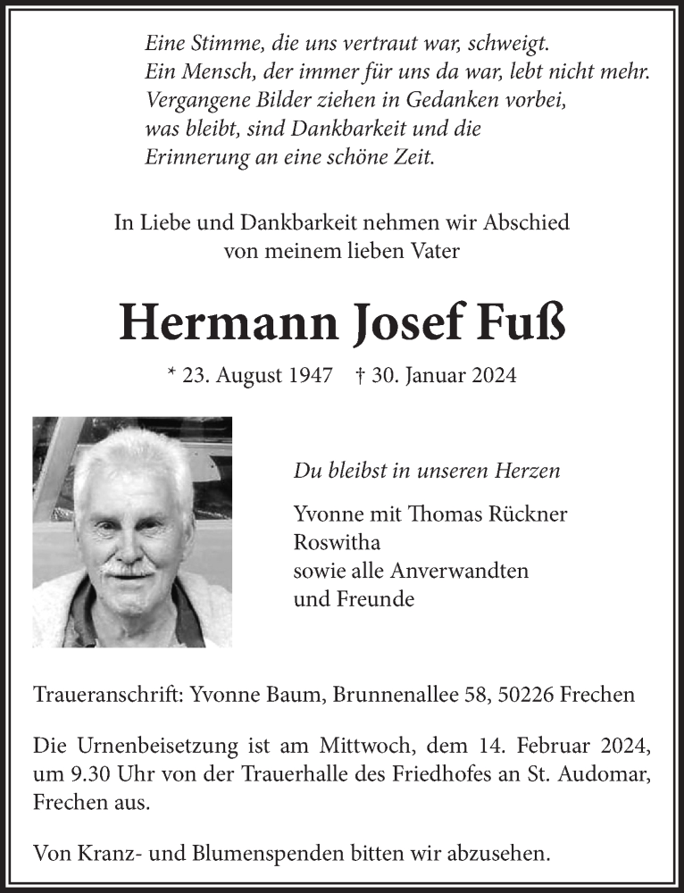  Traueranzeige für Hermann Josef Fuß vom 09.02.2024 aus  Wochenende 
