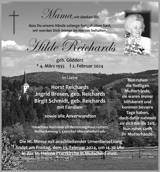 Anzeige von Hilde Reichards von  Blickpunkt Euskirchen 