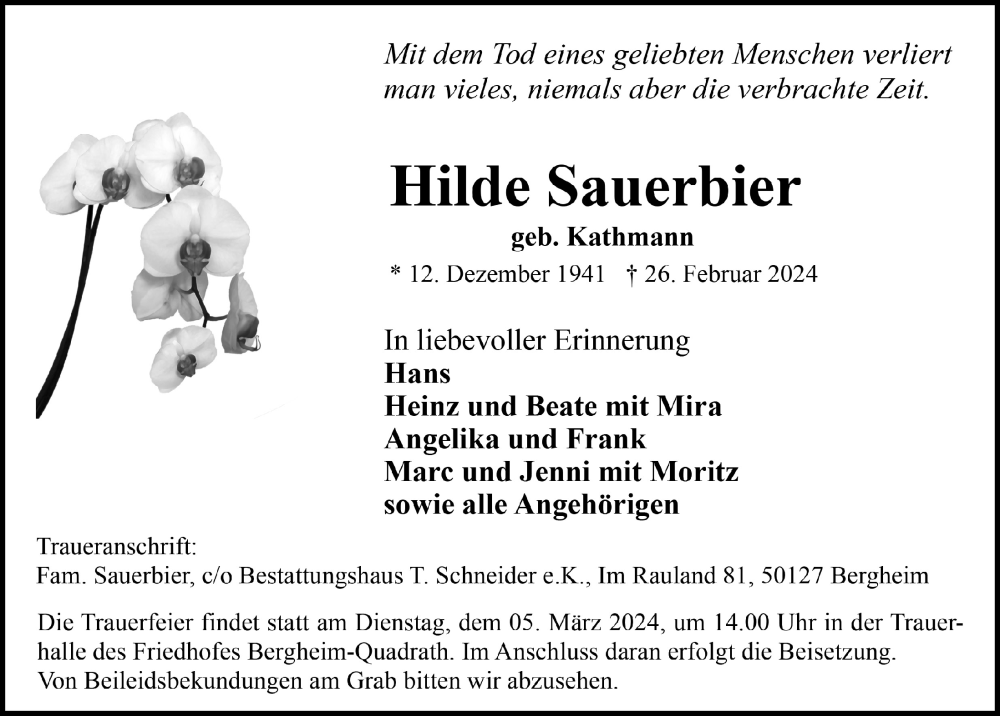  Traueranzeige für Hilde Sauerbier vom 01.03.2024 aus  Werbepost 