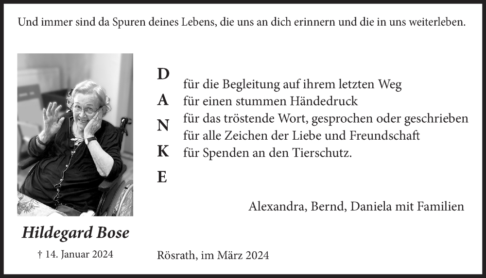  Traueranzeige für Hildegard Bose vom 01.03.2024 aus  Bergisches Handelsblatt 