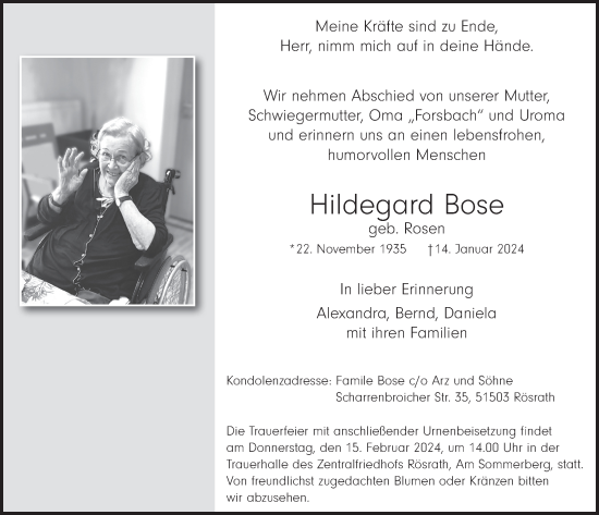 Anzeige von Hildegard Bose von  Bergisches Handelsblatt 