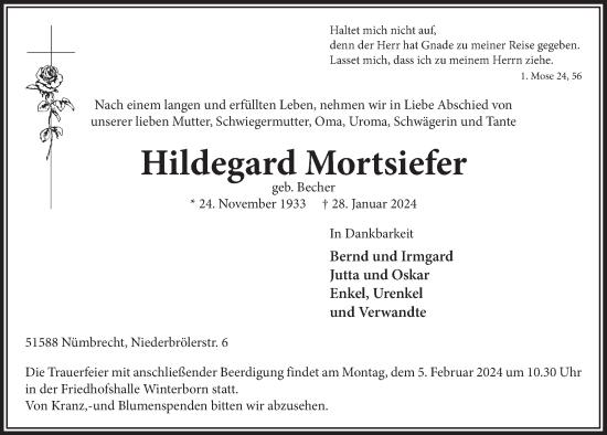 Anzeige von Hildegard Mortsiefer von  Lokalanzeiger 