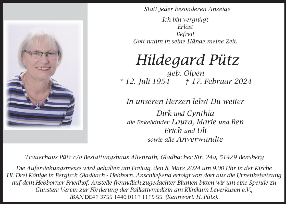  Traueranzeige für Hildegard Pütz vom 01.03.2024 aus  Bergisches Handelsblatt 