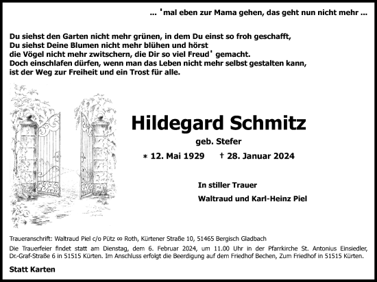 Anzeige von Hildegard Schmitz von Kölner Stadt-Anzeiger / Kölnische Rundschau / Express