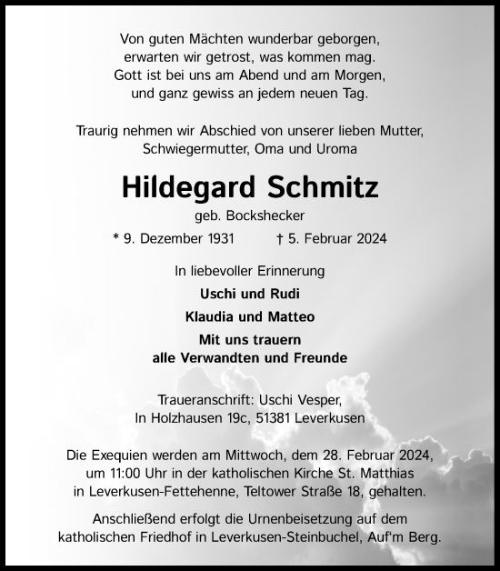 Anzeige von Hildegard Schmitz von Kölner Stadt-Anzeiger / Kölnische Rundschau / Express