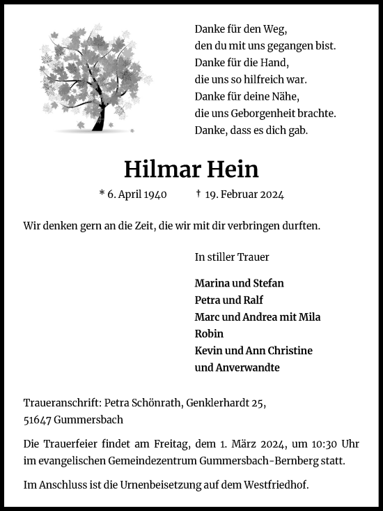 Anzeige von Hilmar Hein von Kölner Stadt-Anzeiger / Kölnische Rundschau / Express