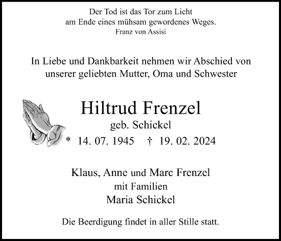 Anzeige von Hiltrud Frenzel von Kölner Stadt-Anzeiger / Kölnische Rundschau / Express