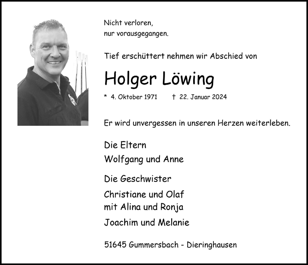  Traueranzeige für Holger Löwing vom 02.02.2024 aus  Anzeigen Echo 
