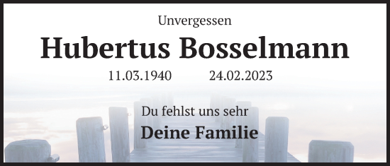Anzeige von Hubertus Bosselmann von Kölner Stadt-Anzeiger / Kölnische Rundschau / Express