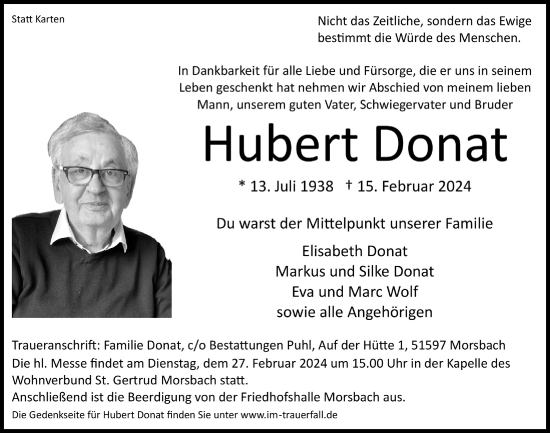 Anzeige von Hubert Donat von  Lokalanzeiger 
