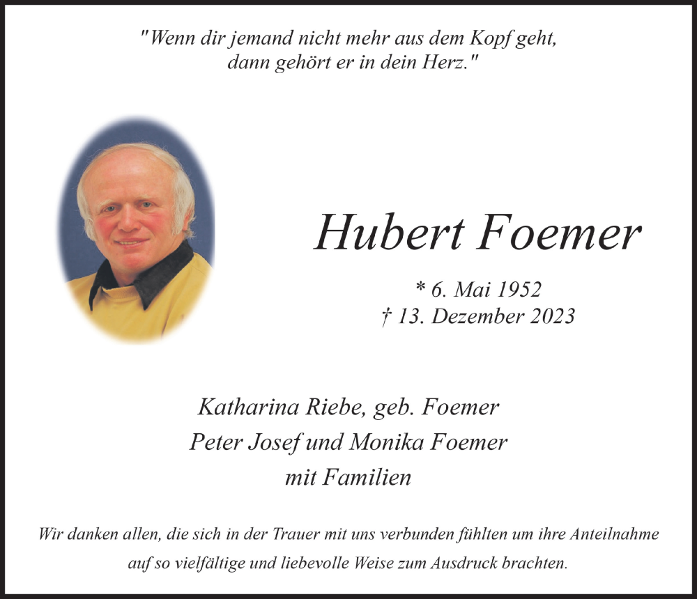  Traueranzeige für Hubert Foemer vom 17.02.2024 aus  Blickpunkt Euskirchen 