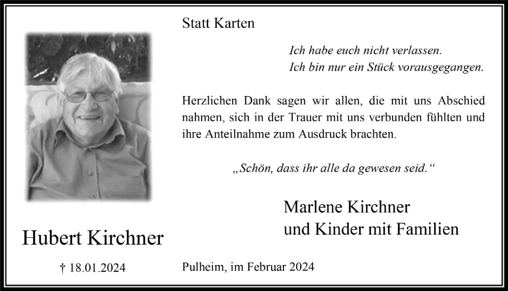  Traueranzeige für Hubert Kirchner vom 09.02.2024 aus  Wochenende 