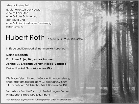 Anzeige von Hubert Roth von Kölner Stadt-Anzeiger / Kölnische Rundschau / Express