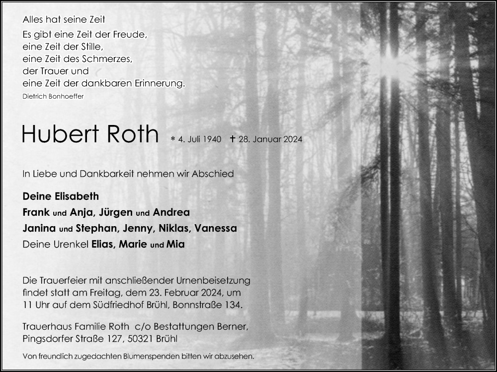  Traueranzeige für Hubert Roth vom 17.02.2024 aus Kölner Stadt-Anzeiger / Kölnische Rundschau / Express